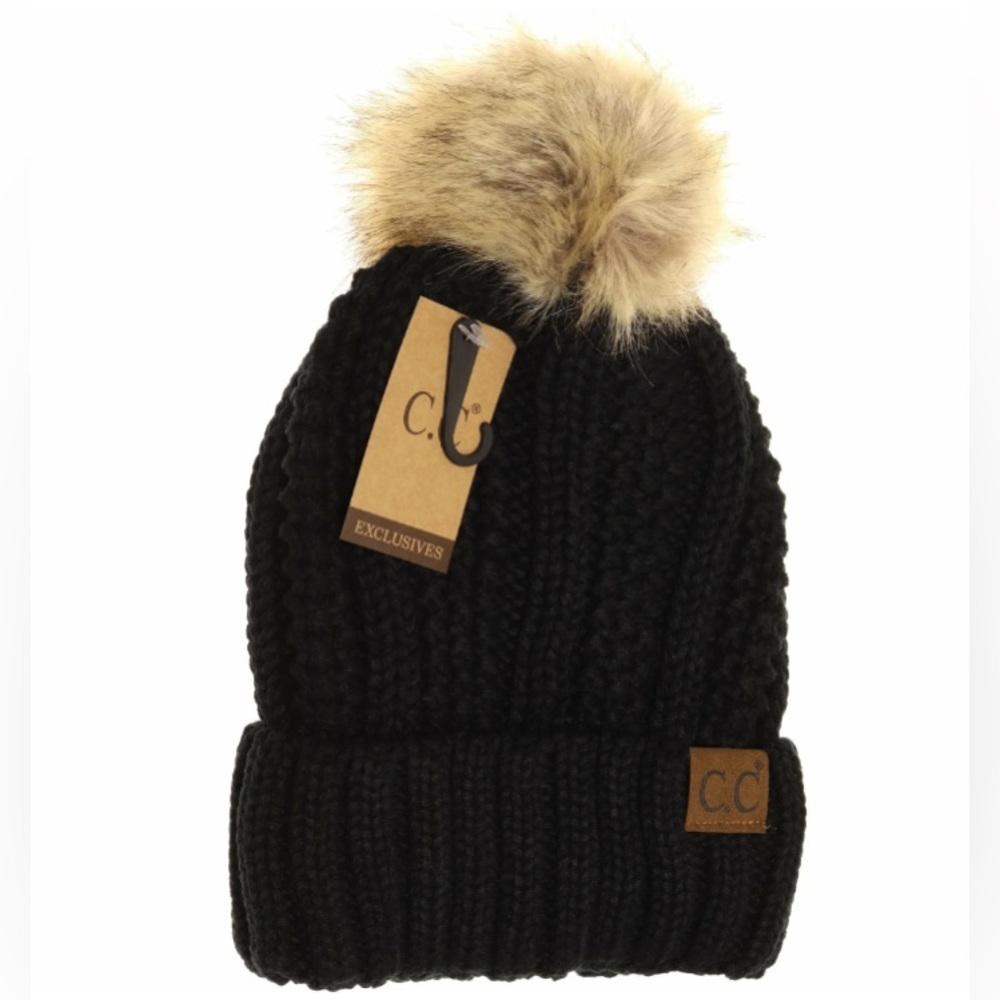 C.C Black Knit Beanie W/ Fleece Lining